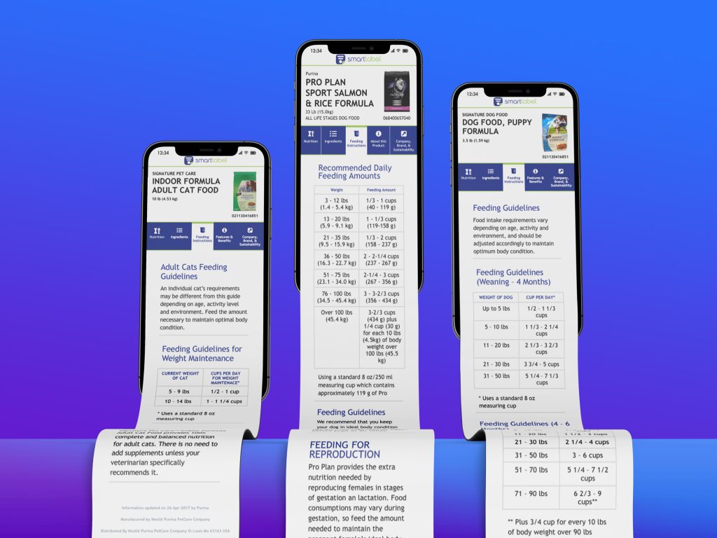 Three Mobile phones showing long SmartLabel pages of our approved design that flow off the screen like a ribbon.