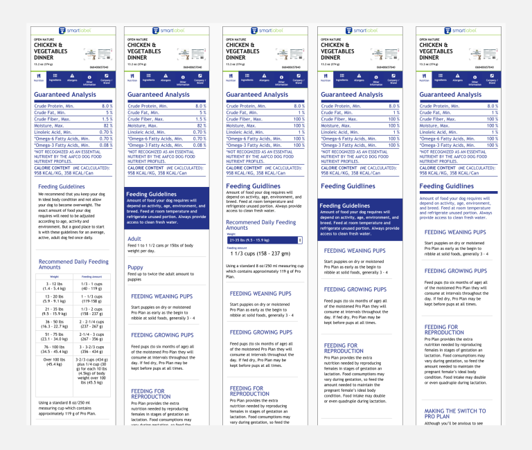 Several mock versions of the SmartLabel Feeding instructions page in mobile screens format